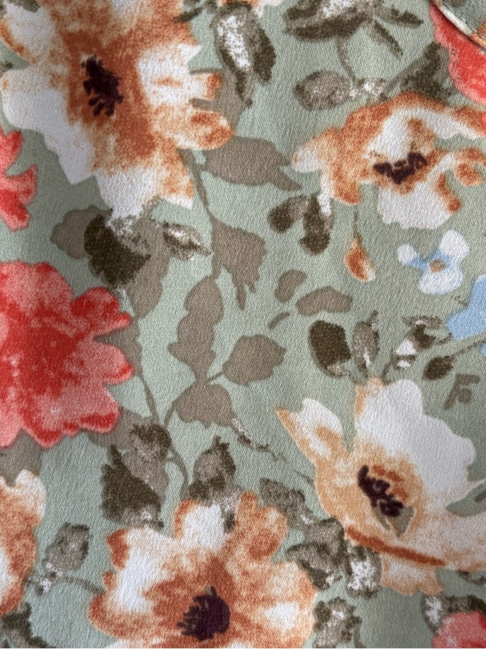 Floral Print Dress or Blouse in Sage Green with Coral and Cream Flowers